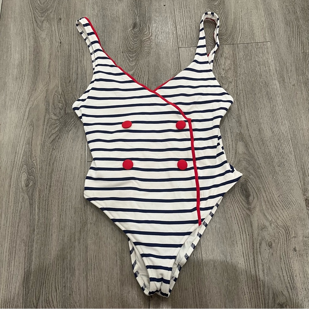 SOLID & STRIPED White Navy Striped One-Piece swimsuit with button details